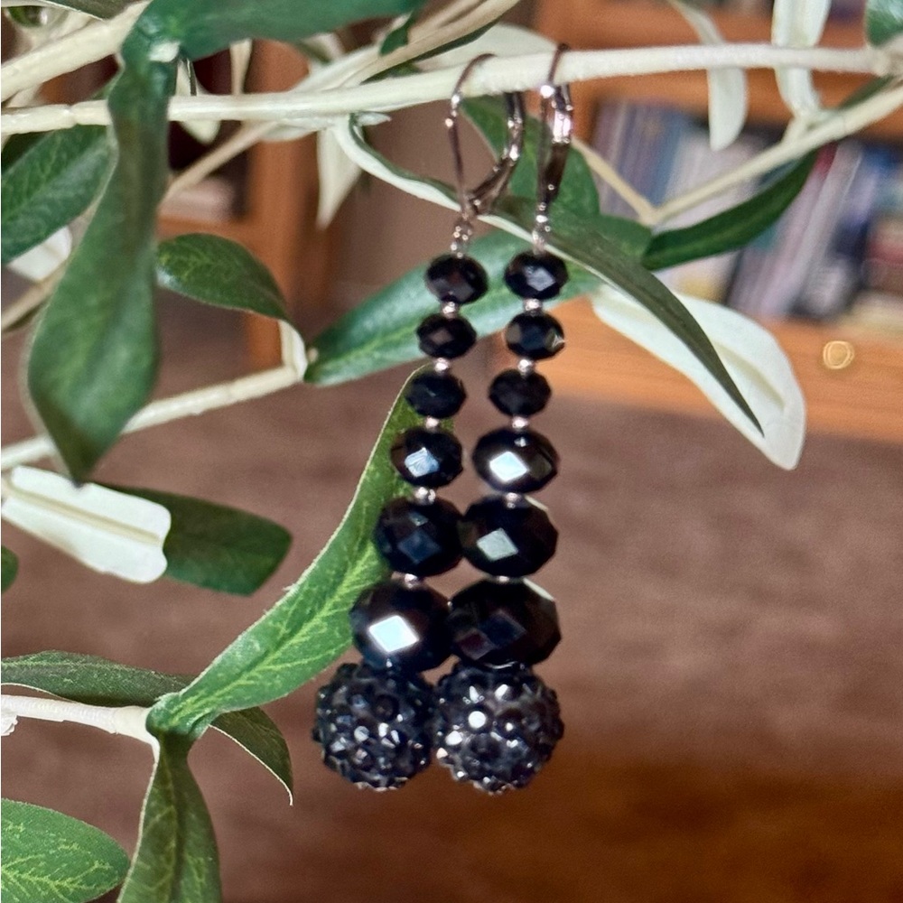 Jet Black Crystal Shamballa Dangle Earrings Gothic Chic Statement Boutique